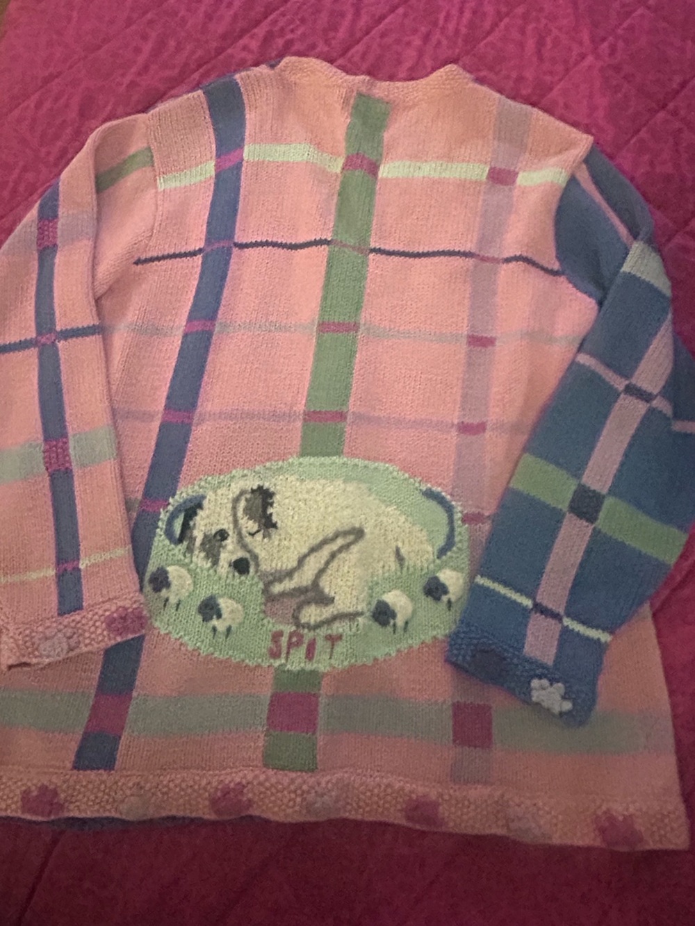 RARE Storybook Knits Vintage Dog Plaid 3D Applique Cardigan Sweater L - Picture 7 of 9
